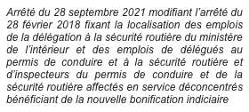 Arrêté du 28 septembre 2021 modifiant l’arrêté du 28 février 2018 fixant la localisation des emplois de la délégation à la sécurité routière du ministère de l’intérieur et des emplois de délégués au permis de conduire et à la sécurité routière et d’inspecteurs du permis de conduire et de la sécurité routière affectés en service déconcentrés bénéficiant de la nouvelle bonification indiciaire